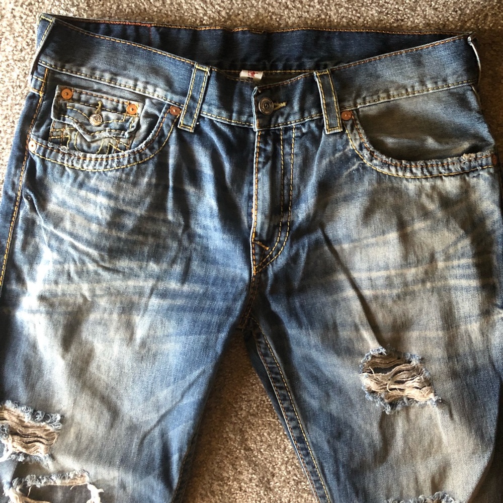 Men True Religion Rip Medium Wash Jeans 38